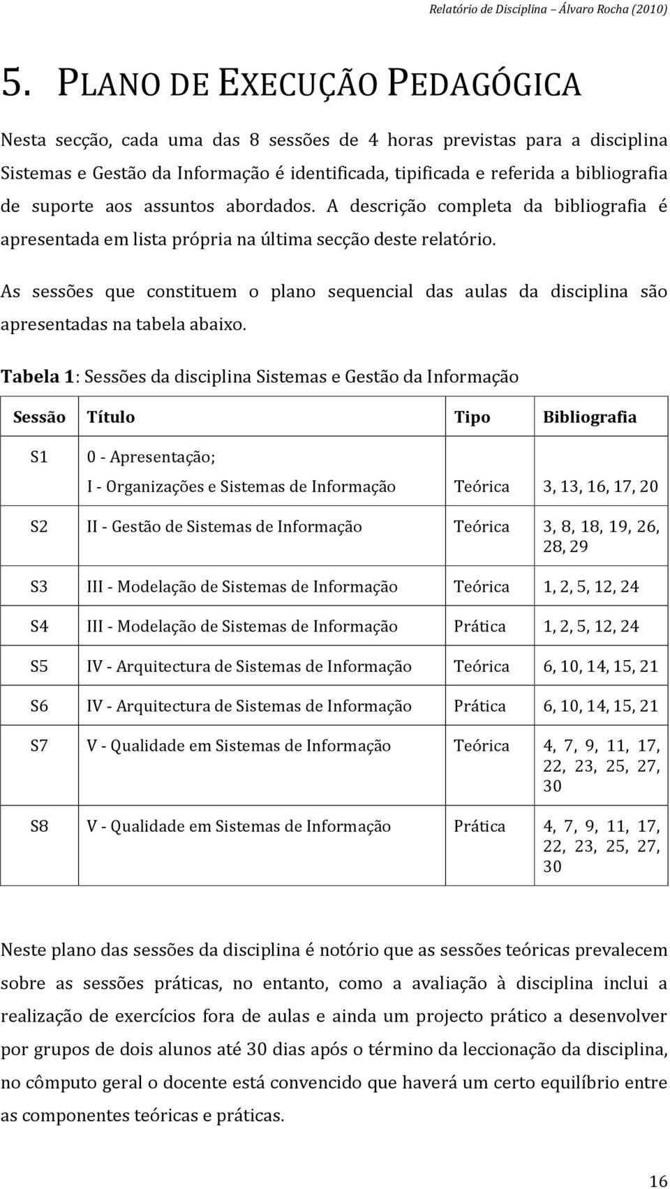 As sessões que constituem o plano sequencial das aulas da disciplina são apresentadas na tabela abaixo.