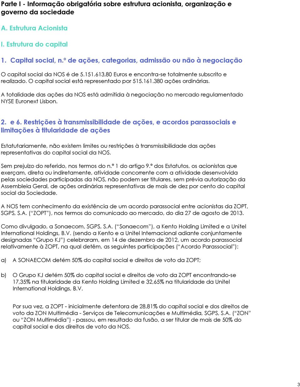 380 ações ordinárias. A totalidade das ações da NOS está admitida à negociação no mercado regulamentado NYSE Euronext Lisbon. 2. e 6.