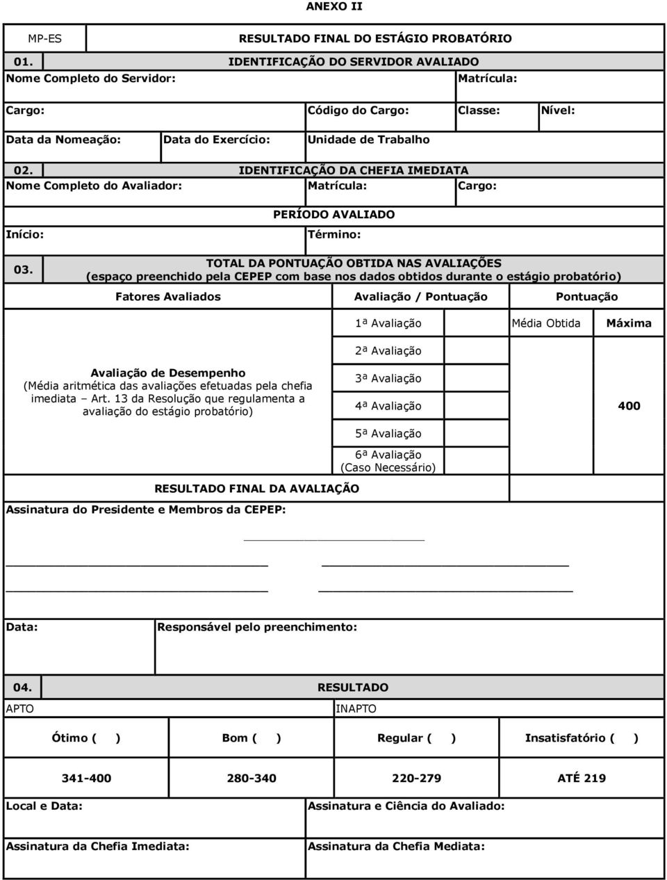 IDENTIFICAÇÃO DA CHEFIA IMEDIATA Nome Completo do Avaliador: Matrícula: Cargo: PERÍODO AVALIADO Início: 03.