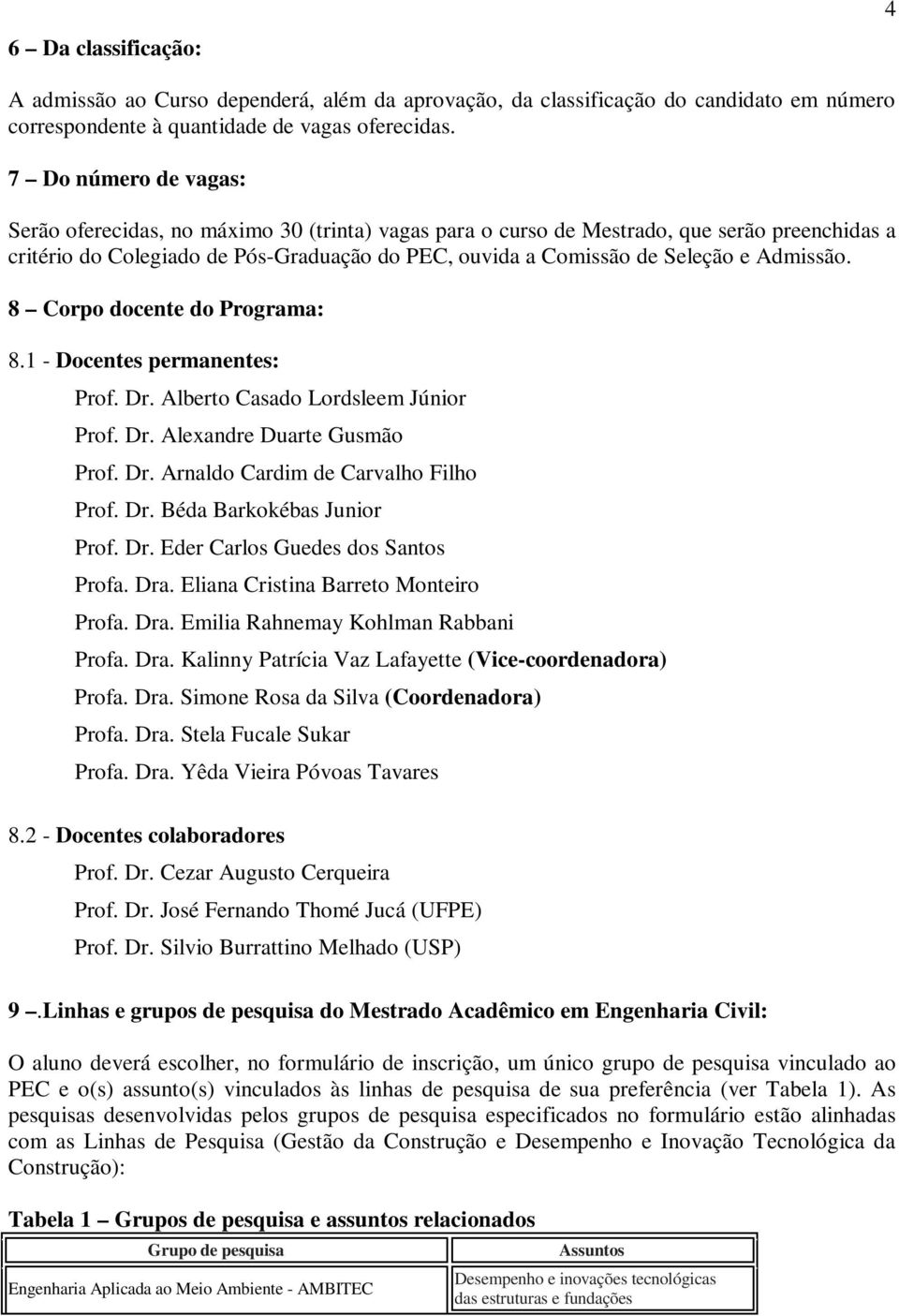 Admissão. 8 Corpo docente do Programa: 8.1 - Docentes permanentes: Prof. Dr. Alberto Casado Lordsleem Júnior Prof. Dr. Alexandre Duarte Gusmão Prof. Dr. Arnaldo Cardim de Carvalho Filho Prof. Dr. Béda Barkokébas Junior Prof.