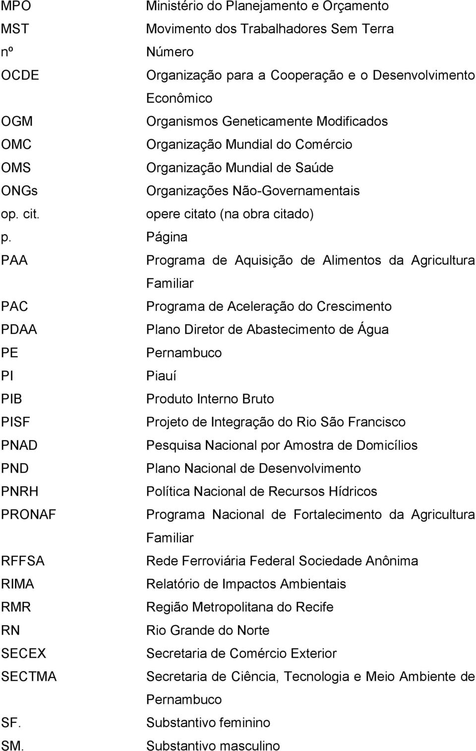 Página PAA Programa de Aquisição de Alimentos da Agricultura Familiar PAC Programa de Aceleração do Crescimento PDAA Plano Diretor de Abastecimento de Água PE Pernambuco PI Piauí PIB Produto Interno