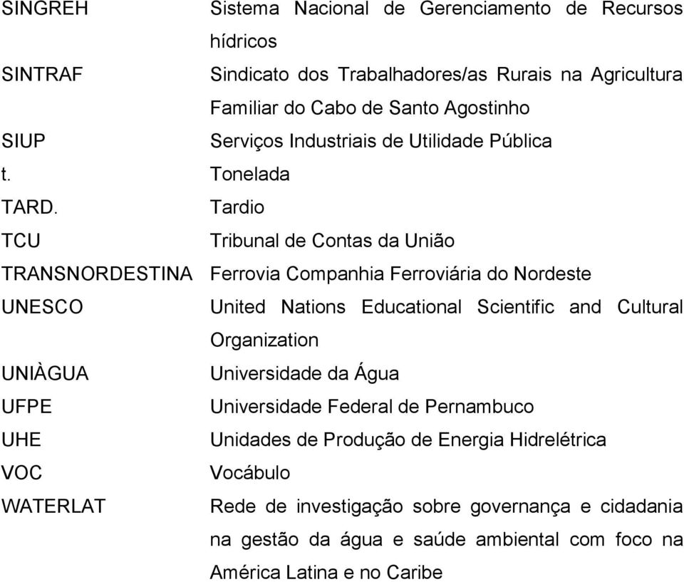 Tardio TCU Tribunal de Contas da União TRANSNORDESTINA Ferrovia Companhia Ferroviária do Nordeste UNESCO United Nations Educational Scientific and Cultural