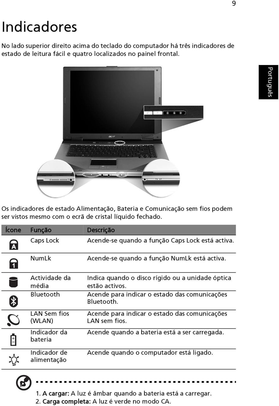 Ícone Função Descrição Caps Lock Acende-se quando a função Caps Lock está activa. NumLk Acende-se quando a função NumLk está activa.