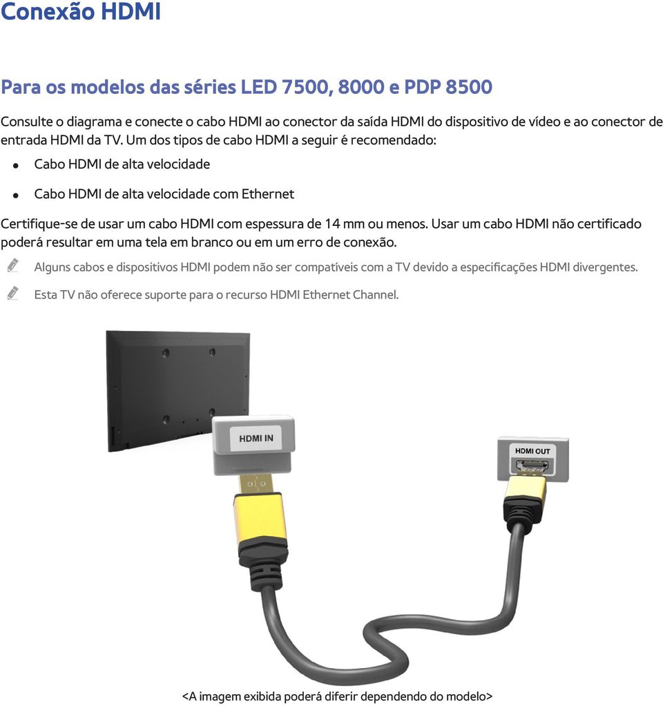 Um dos tipos de cabo HDMI a seguir é recomendado: Cabo HDMI de alta velocidade Cabo HDMI de alta velocidade com Ethernet Certifique-se de usar um cabo HDMI com espessura de 14