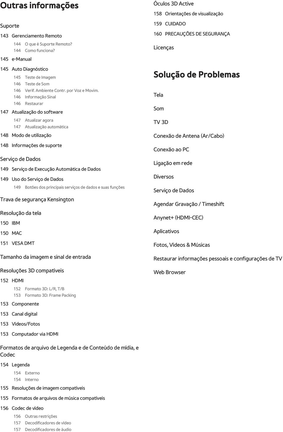 146 Informação Sinal 146 Restaurar 147 Atualização do software 147 Atualizar agora 147 Atualização automática 148 Modo de utilização 148 Informações de suporte Serviço de Dados 149 Serviço de