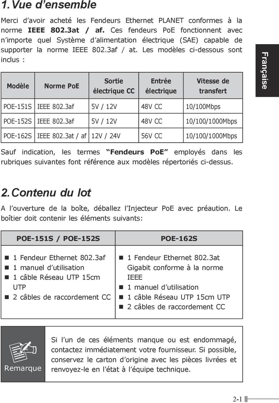 Les modèles ci-dessous sont inclus : Modèle Norme Sortie électrique CC Entrée électrique Vitesse de transfert Française POE-151S IEEE 802.3af 5V / 12V 48V CC 10/100Mbps POE-152S IEEE 802.