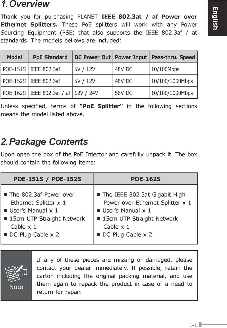 3at / af 12V / 24V 56V 10/100/1000Mbps Unless specified, terms of Splitter in the following sections means the model listed above. 2. Package Contents Upon open the box of the Injector and carefully unpack it.