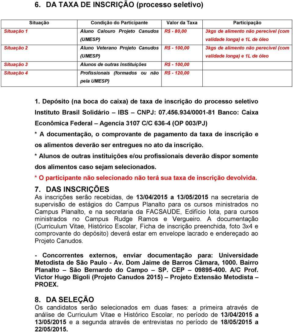 Instituições R$ - 100,00 Situação 4 Profissionais (formados ou não pela UMESP) R$ - 120,00 1.