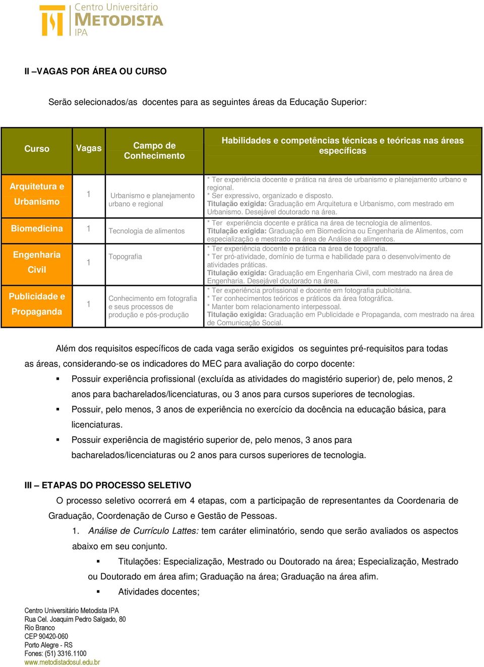 fotografia e seus processos de produção e pós-produção * Ter experiência docente e prática na área de urbanismo e planejamento urbano e regional. * Ser expressivo, organizado e disposto.