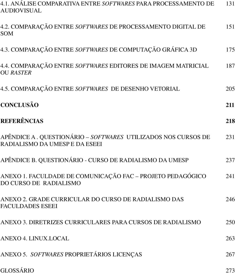 QUESTIONÁRIO SOFTWARES UTILIZADOS NOS CURSOS DE RADIALISMO DA UMESP E DA ESEEI 231 APÊNDICE B. QUESTIONÁRIO - CURSO DE RADIALISMO DA UMESP 237 ANEXO 1.