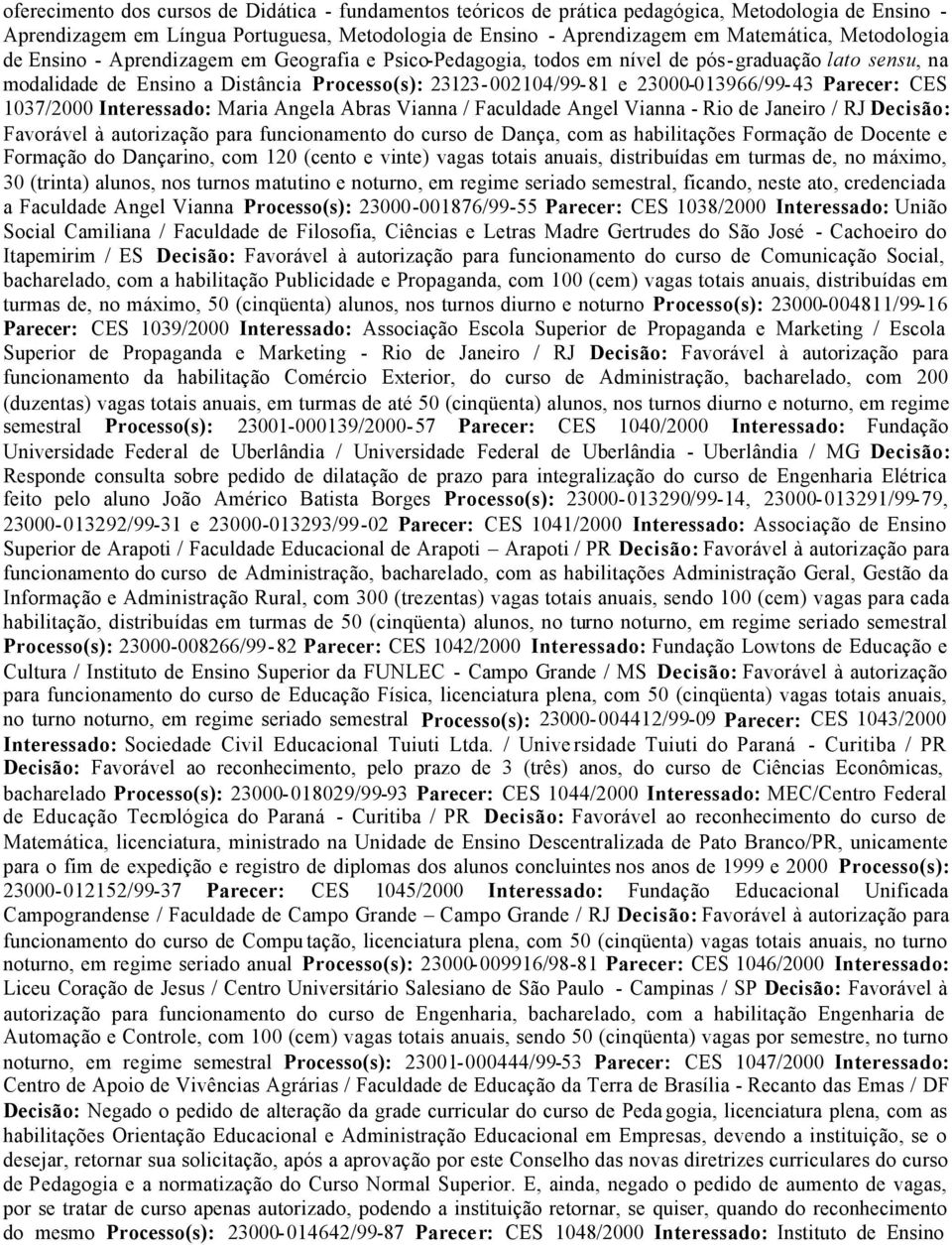 23000-013966/99-43 Parecer: CES 1037/2000 Interessado: Maria Angela Abras Vianna / Faculdade Angel Vianna - Rio de Janeiro / RJ Decisão: Favorável à autorização para funcionamento do curso de Dança,