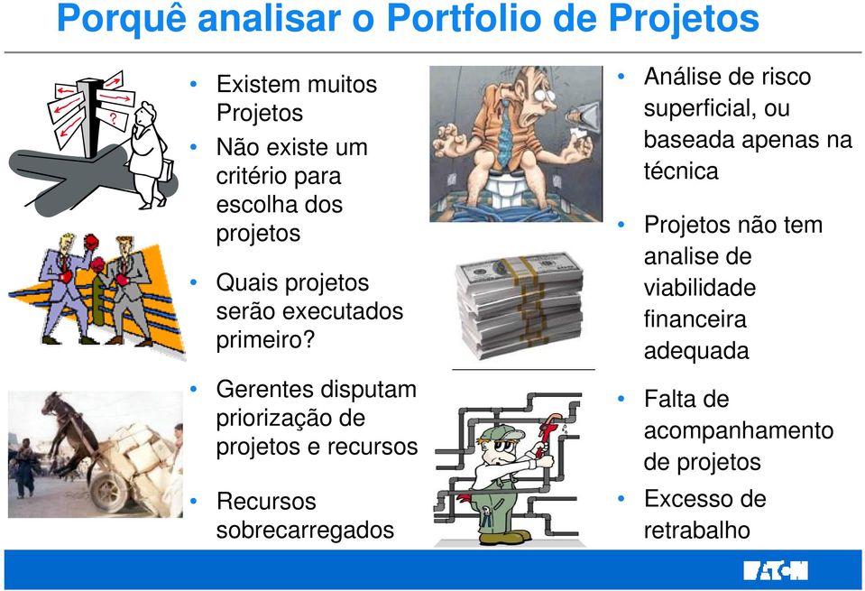 Gerentes disputam priorização de projetos e recursos Recursos sobrecarregados Análise de risco