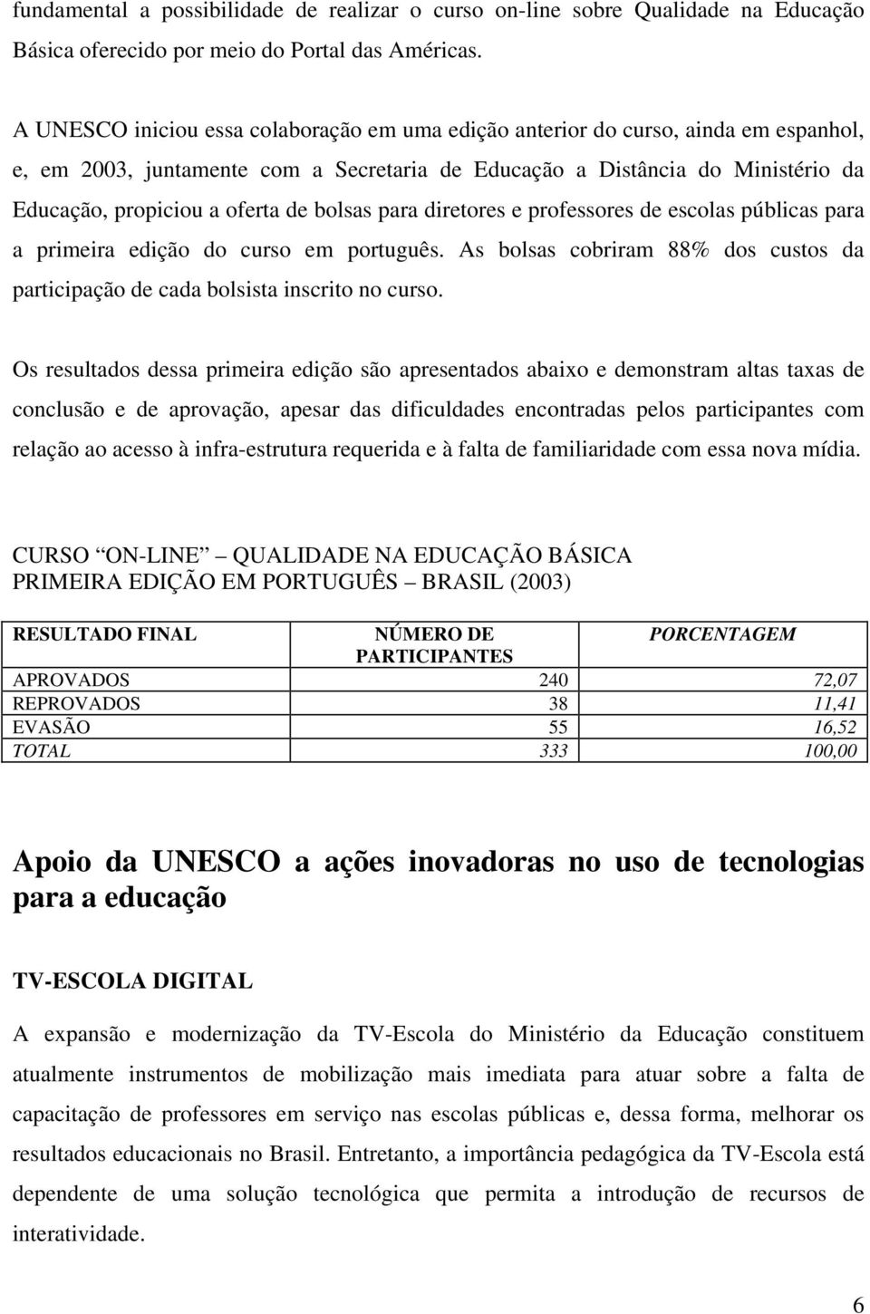 bolsas para diretores e professores de escolas públicas para a primeira edição do curso em português. As bolsas cobriram 88% dos custos da participação de cada bolsista inscrito no curso.