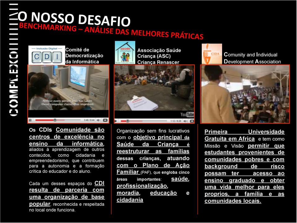 do educador e do aluno. Cada um desses espaços do CDI resulta de parceria com uma organização de base popular, reconhecida e respeitada no local onde funciona.