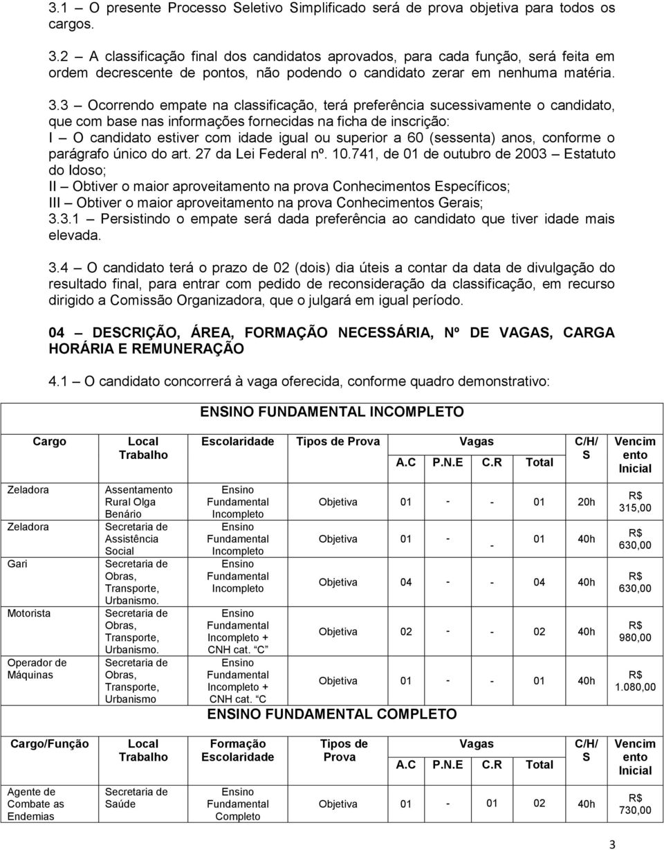 3 Ocorrendo empate na classificação, terá preferência sucessivamente o candidato, que com base nas informações fornecidas na ficha de inscrição: I O candidato estiver com idade igual ou superior a 60