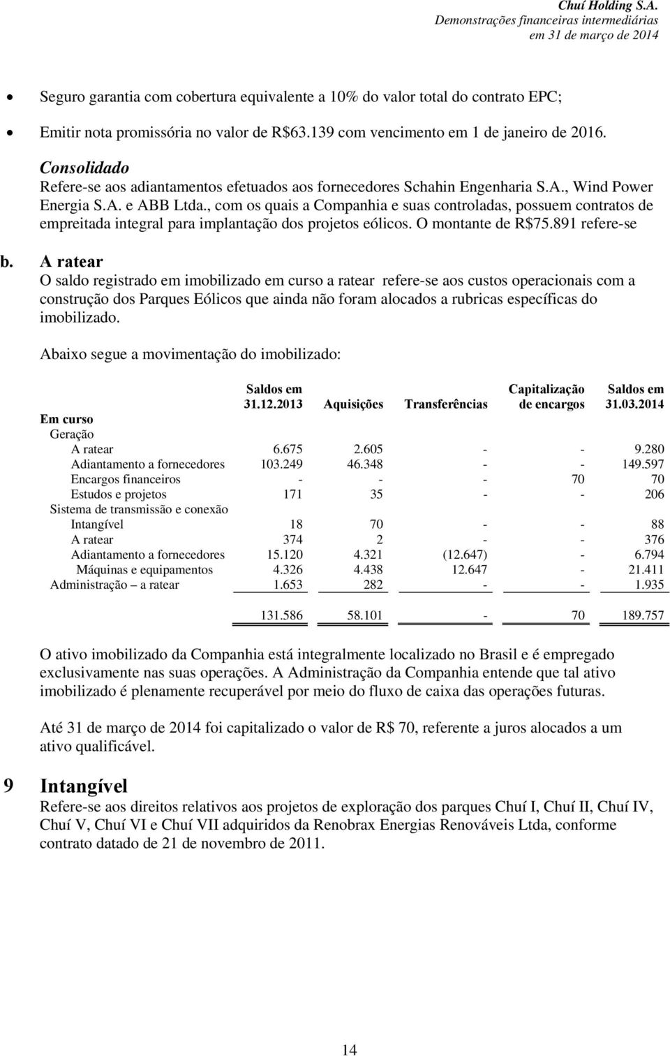 , com os quais a Companhia e suas controladas, possuem contratos de empreitada integral para implantação dos projetos eólicos. O montante de R$75.891 refere-se b.