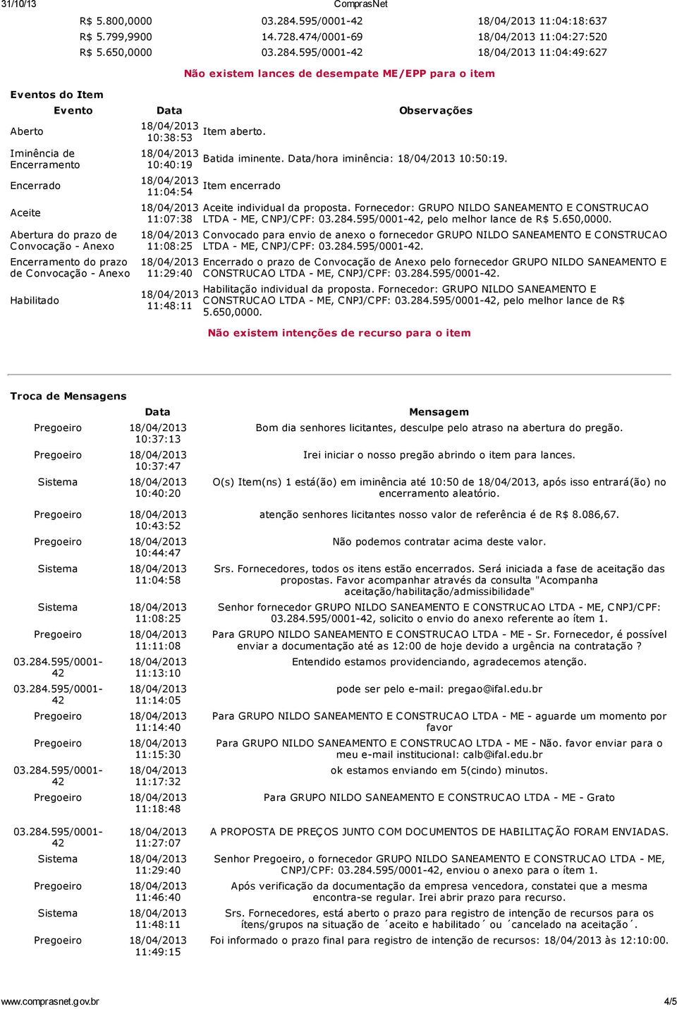 10:38:53 10:40:19 11:04:54 11:07:38 11:08:25 11:29:40 11:48:11 Item aberto. Batida iminente. Data/hora iminência: 10:50:19. Item encerrado Aceite individual da proposta.