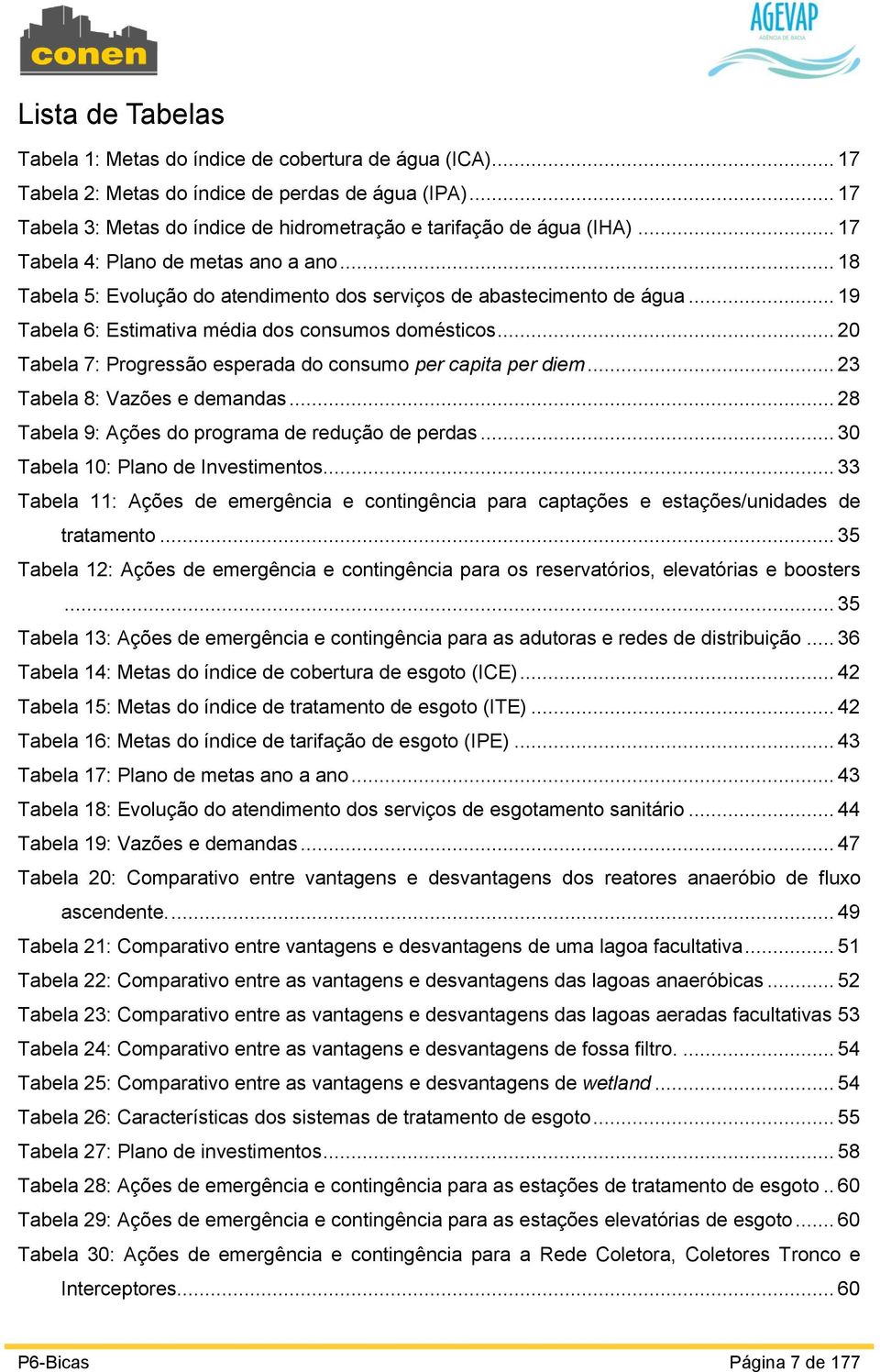 .. 20 Tabela 7: Progressão esperada do consumo per capita per diem... 23 Tabela 8: Vazões e demandas... 28 Tabela 9: Ações do programa de redução de perdas... 30 Tabela 10: Plano de Investimentos.