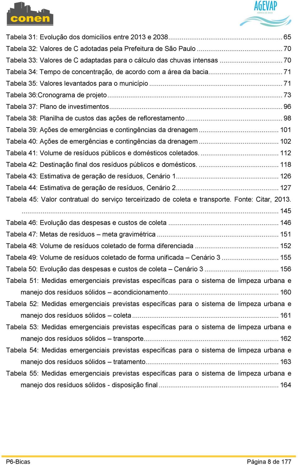.. 96 Tabela 38: Planilha de custos das ações de reflorestamento... 98 Tabela 39: Ações de emergências e contingências da drenagem... 101 Tabela 40: Ações de emergências e contingências da drenagem.