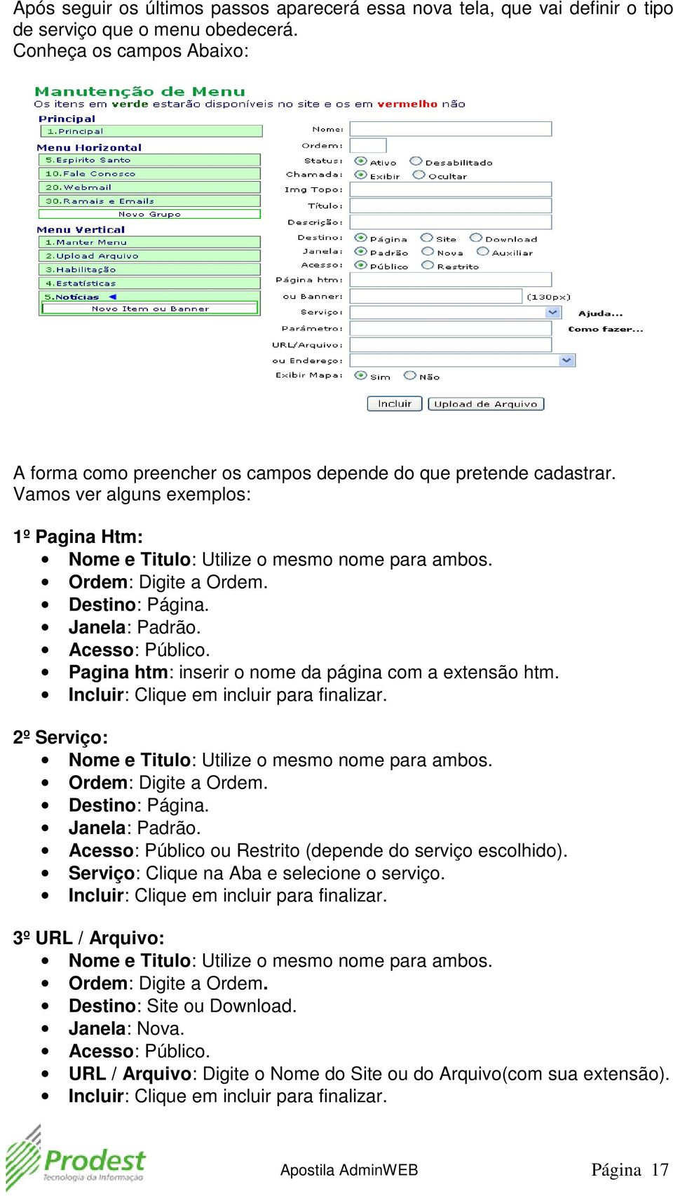 Ordem: Digite a Ordem. Destino: Página. Janela: Padrão. Acesso: Público. Pagina htm: inserir o nome da página com a extensão htm. Incluir: Clique em incluir para finalizar.