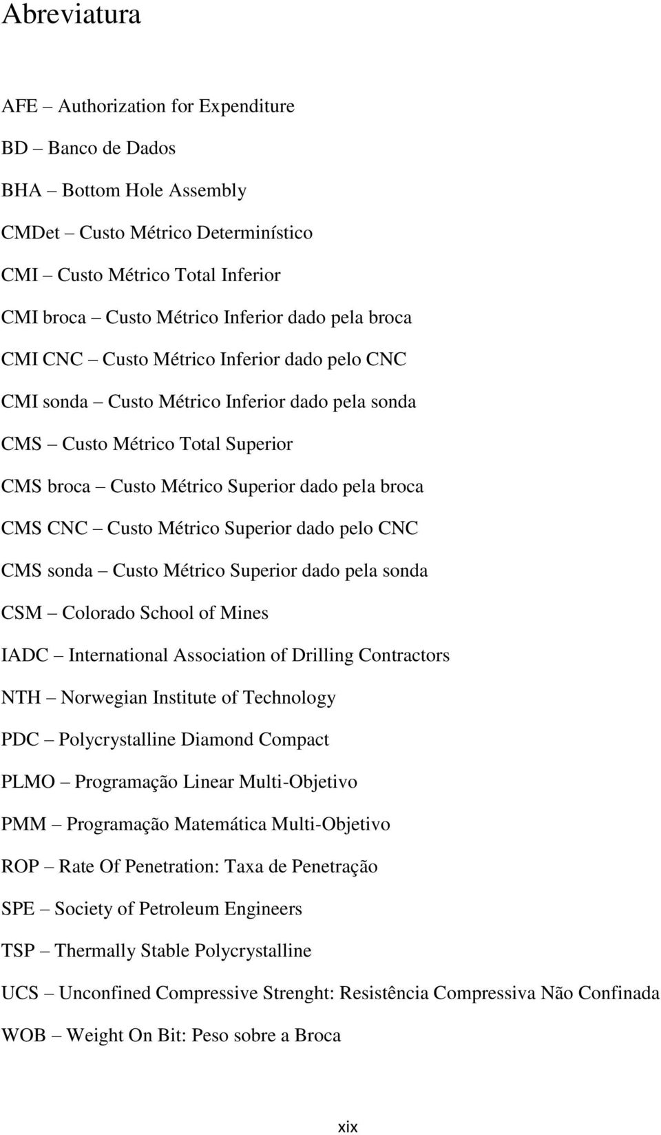 Métrico Superior dado pelo CNC CMS sonda Custo Métrico Superior dado pela sonda CSM Colorado School of Mines IADC International Association of Drilling Contractors NTH Norwegian Institute of