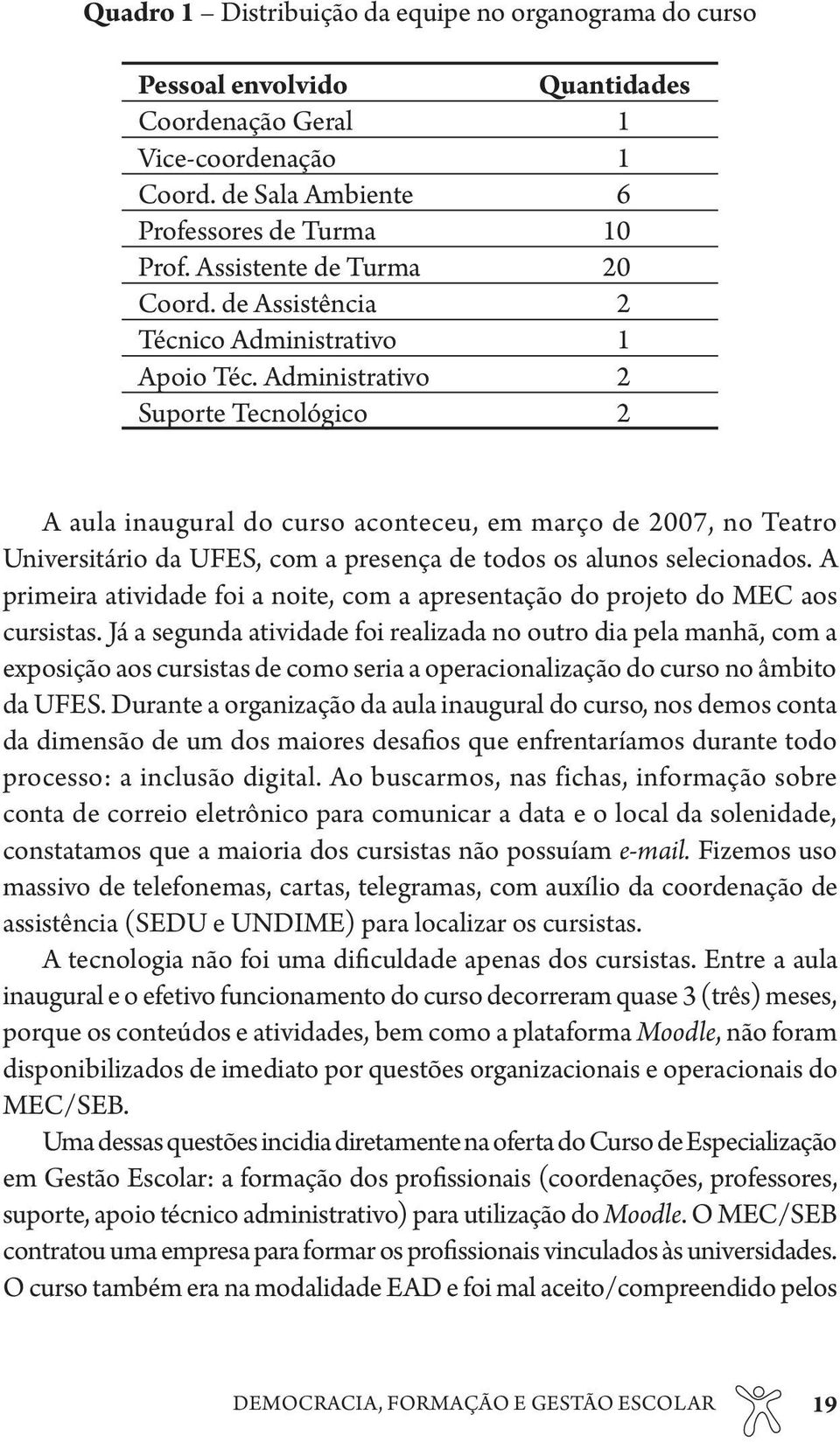 Administrativo 2 Suporte Tecnológico 2 A aula inaugural do curso aconteceu, em março de 2007, no Teatro Universitário da UFES, com a presença de todos os alunos selecionados.