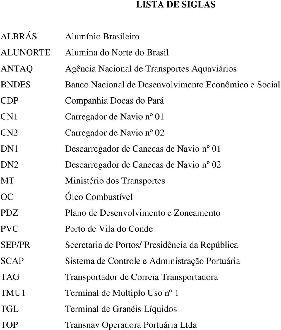 MT Ministério dos Transportes OC Óleo Combustível PDZ Plano de Desenvolvimento e Zoneamento PVC Porto de Vila do Conde SEP/PR Secretaria de Portos/ Presidência da República SCAP