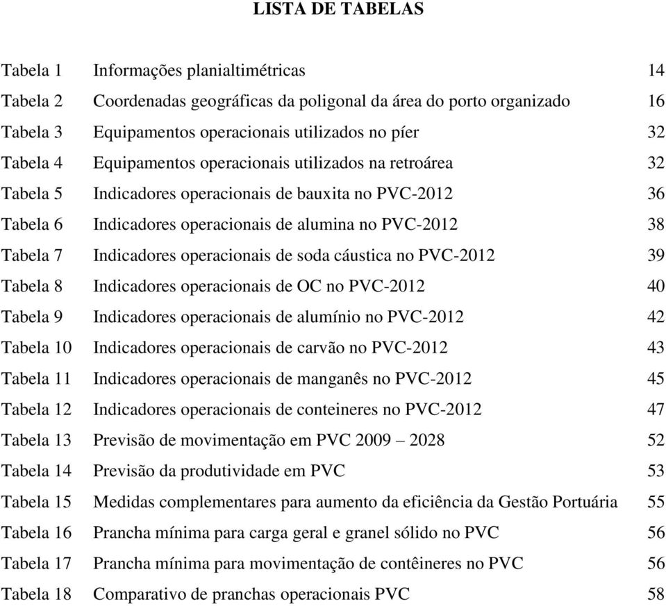 Indicadores operacionais de soda cáustica no PVC-2012 39 Tabela 8 Indicadores operacionais de OC no PVC-2012 40 Tabela 9 Indicadores operacionais de alumínio no PVC-2012 42 Tabela 10 Indicadores