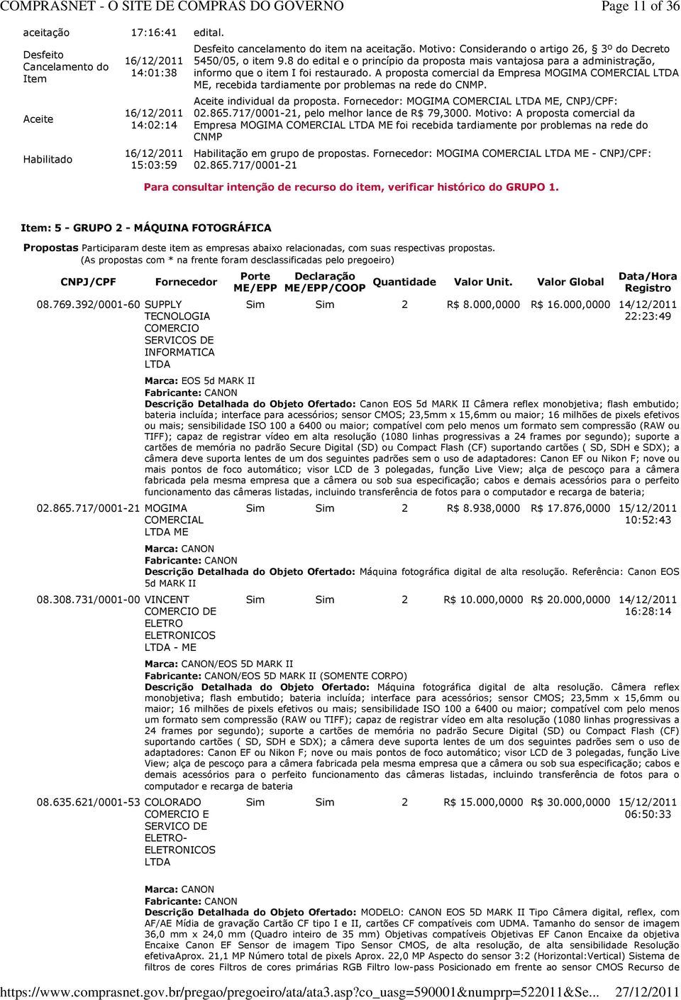 A proposta comercial da Empresa MOGIMA CORCIAL, recebida tardiamente por problemas na rede do CNMP. Aceite individual da proposta. : MOGIMA CORCIAL, : 02.865.