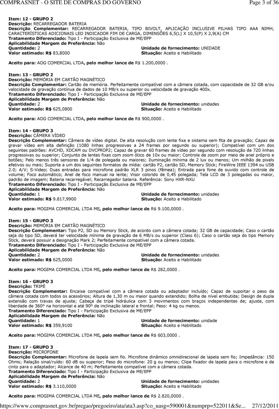 Aceito para: AOG CORCIAL, pelo melhor lance de R$ 1.200,0000. Item: 13 - GRUPO 2 Descrição: MÓRIA EM CARTÃO MAGNÉTICO Descrição Complementar: Cartão de memória.