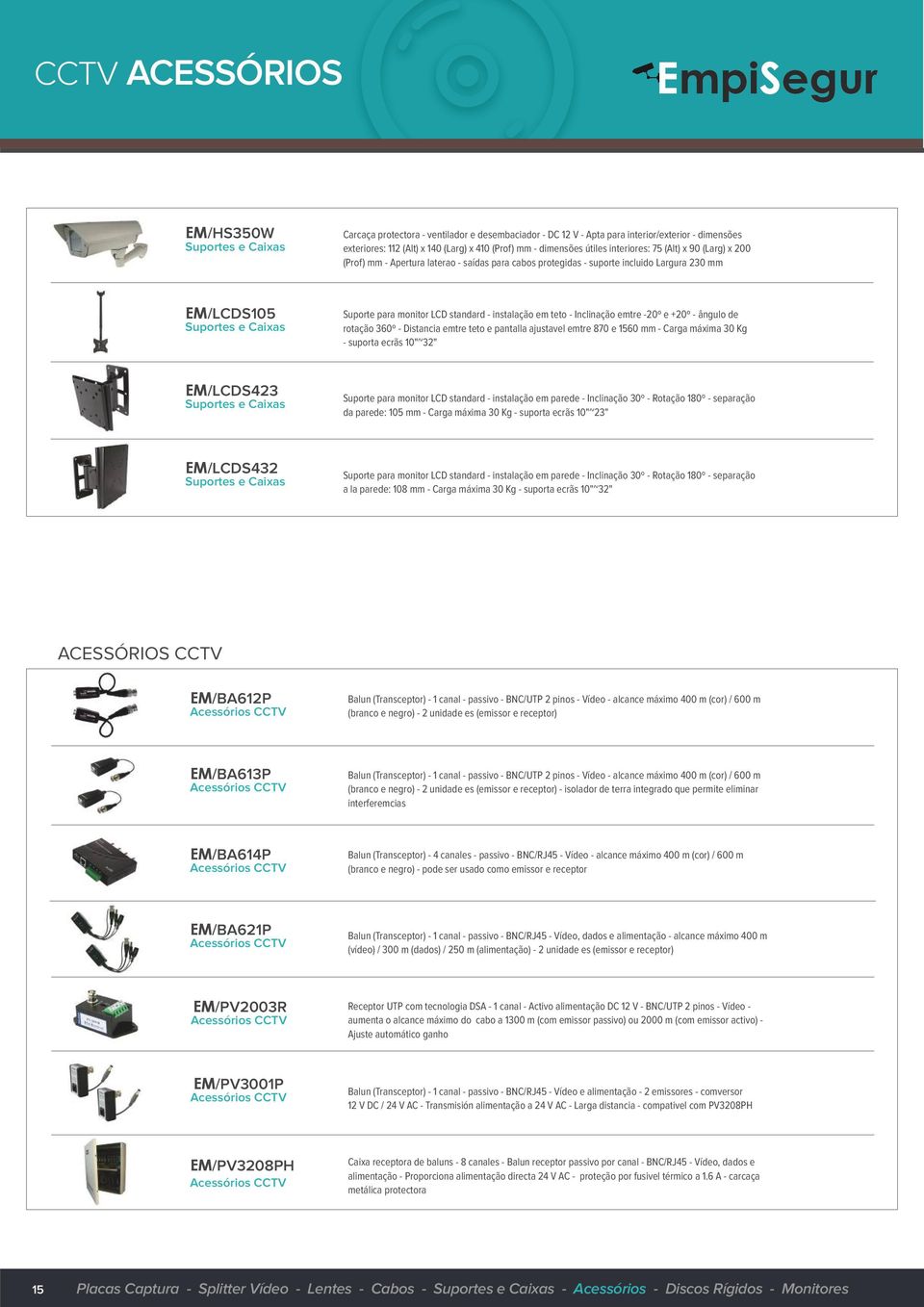 LCD standard - instalação em teto - Inclinação emtre -20º e +20º - ângulo de rotação 360º - Distancia emtre teto e pantalla ajustavel emtre 870 e 1560 mm - Carga máxima 30 Kg - suporta ecrãs 10"~32"