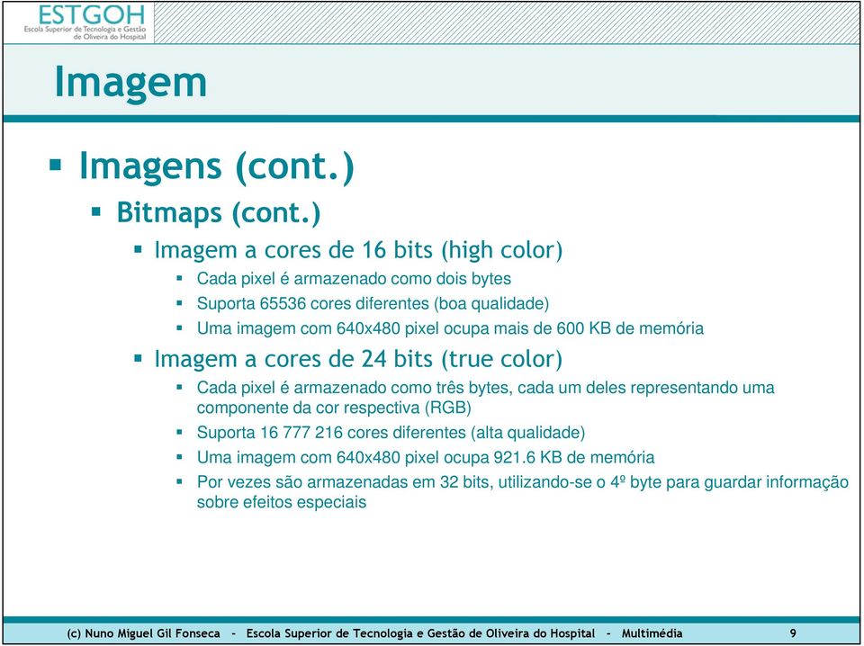 600 KB de memória Imagem a cores de 24 bits (true color) Cada pixel é armazenado como três bytes, cada um deles representando uma componente da cor respectiva (RGB) Suporta