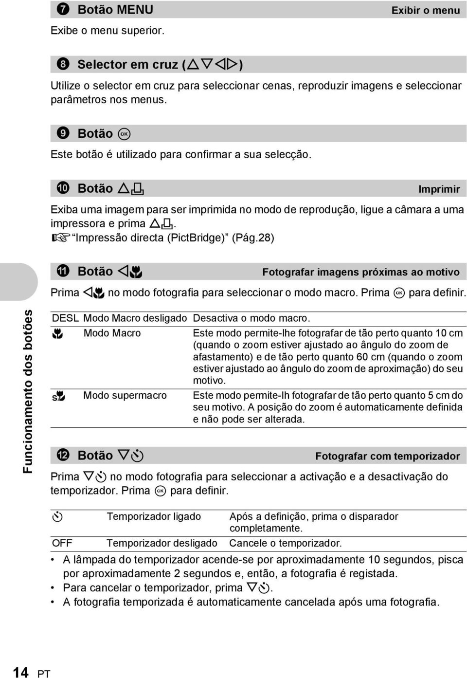 g Impressão directa (PictBridge) (Pág.28) a Botão X& Fotografar imagens próximas ao motivo Prima X& no modo fotografia para seleccionar o modo macro. Prima i para definir.