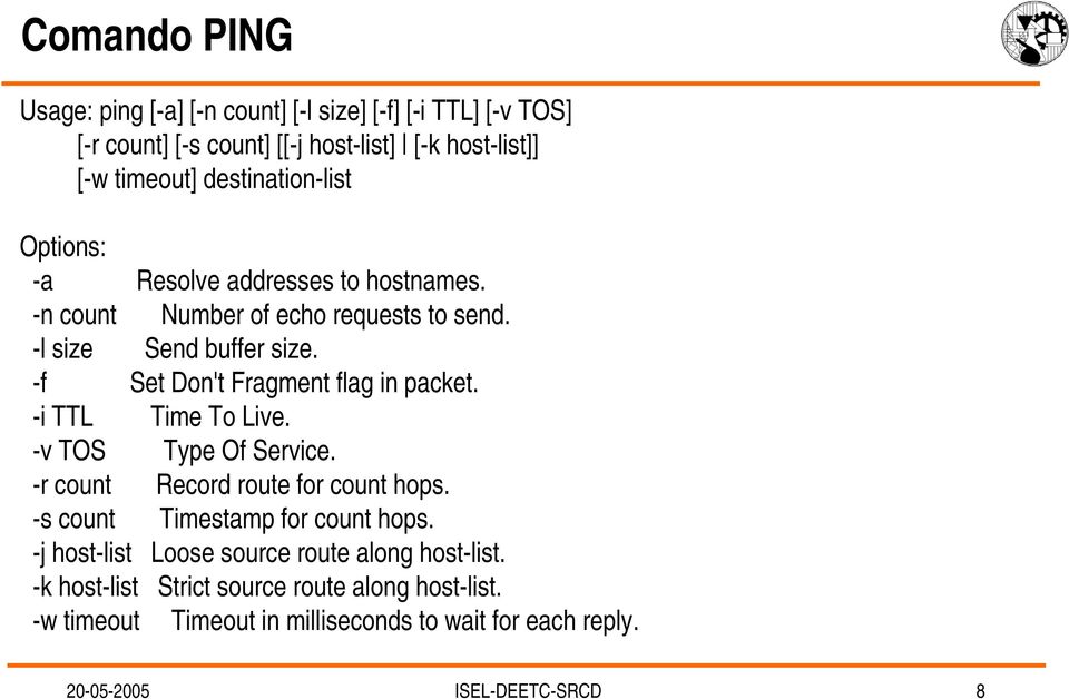 -f Set Don't Fragment flag in packet. -i TTL Time To Live. -v TOS Type Of Service. -r count Record route for count hops.