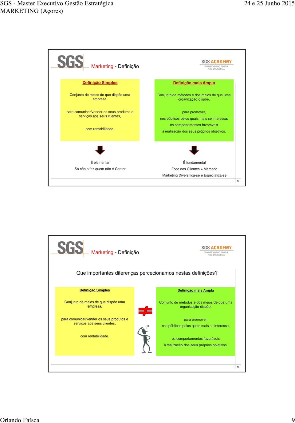 É elementar Só não o faz quem não é Gestor É fundamental Foco nos Clientes + Mercado Marketing Diversifica-se e Especializa-se 17 Marketing - Definição Que importantes diferenças percecionamos nestas