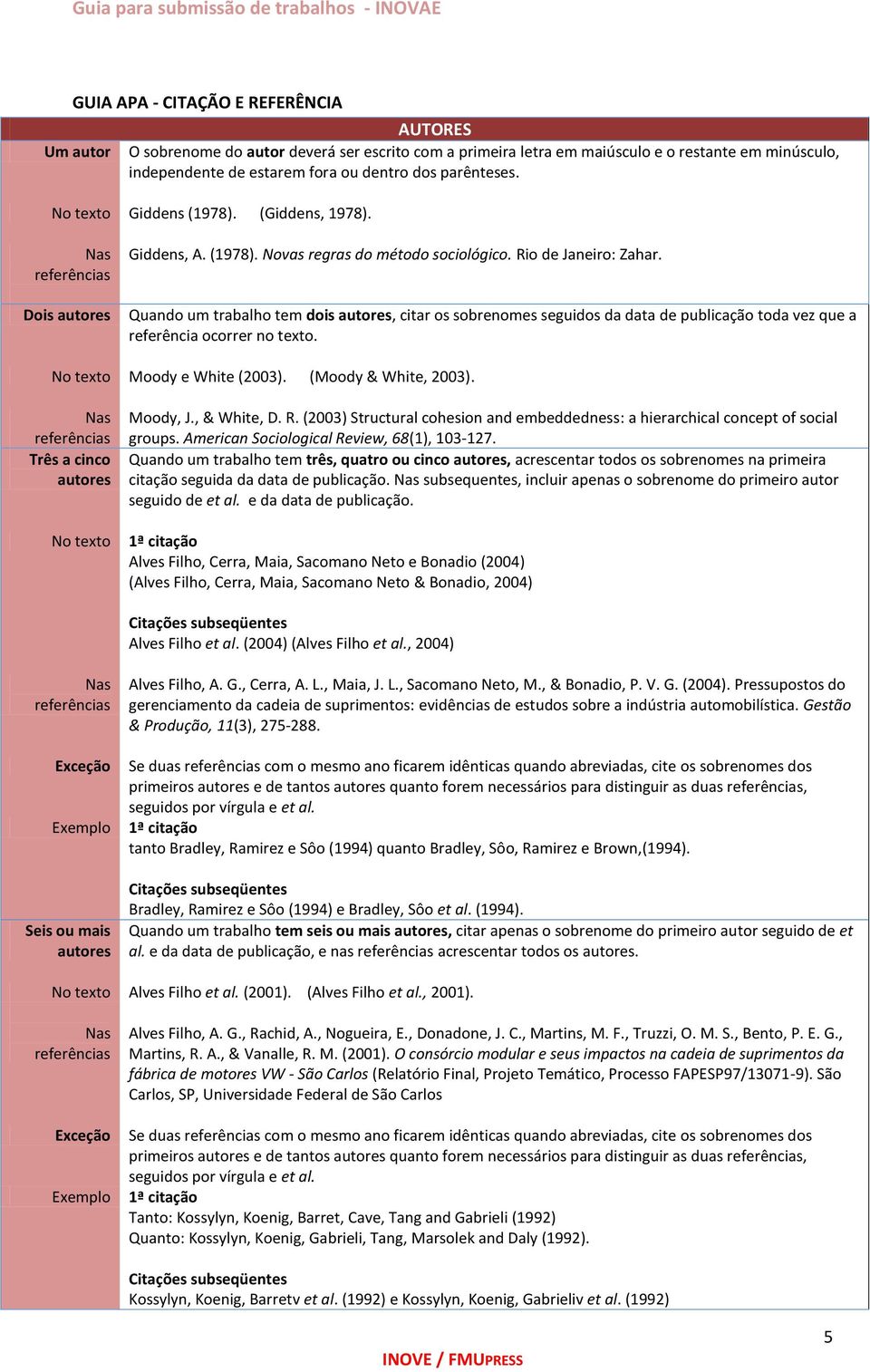 Quando um trabalho tem dois autores, citar os sobrenomes seguidos da data de publicação toda vez que a referência ocorrer no texto. No texto Moody e White (2003). (Moody & White, 2003).