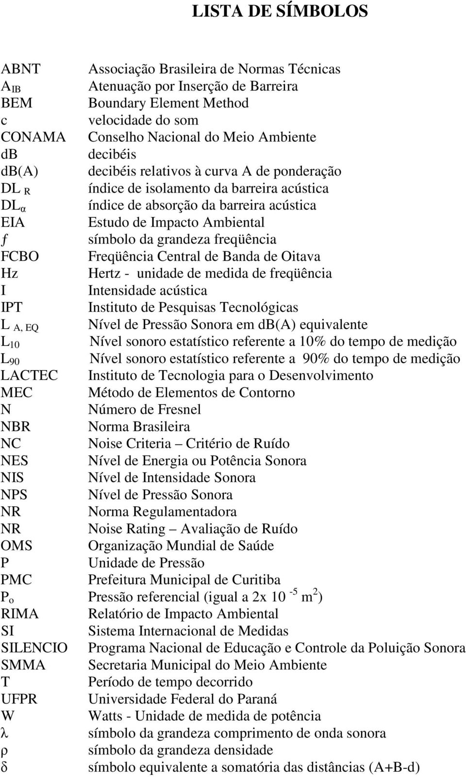 grandeza freqüência FCBO Freqüência Central de Banda de Oitava Hz Hertz - unidade de medida de freqüência I Intensidade acústica IPT Instituto de Pesquisas Tecnológicas L A, EQ Nível de Pressão