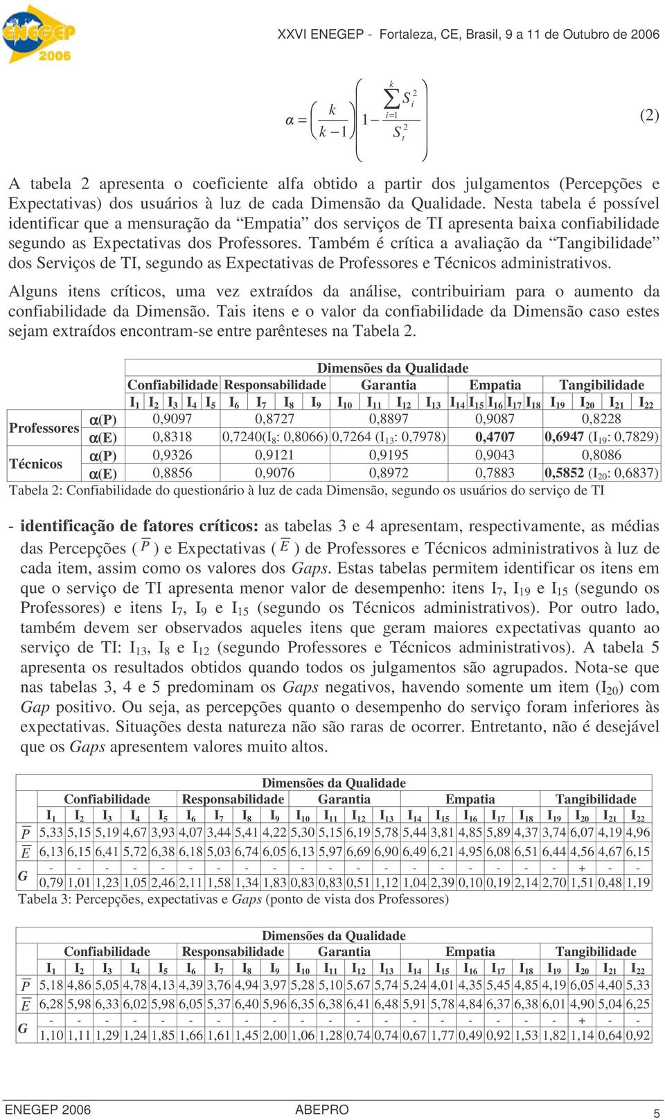 Também é crítica a avaliação da Tangibilidade dos Serviços de TI, segundo as Expectativas de Professores e Técnicos administrativos.