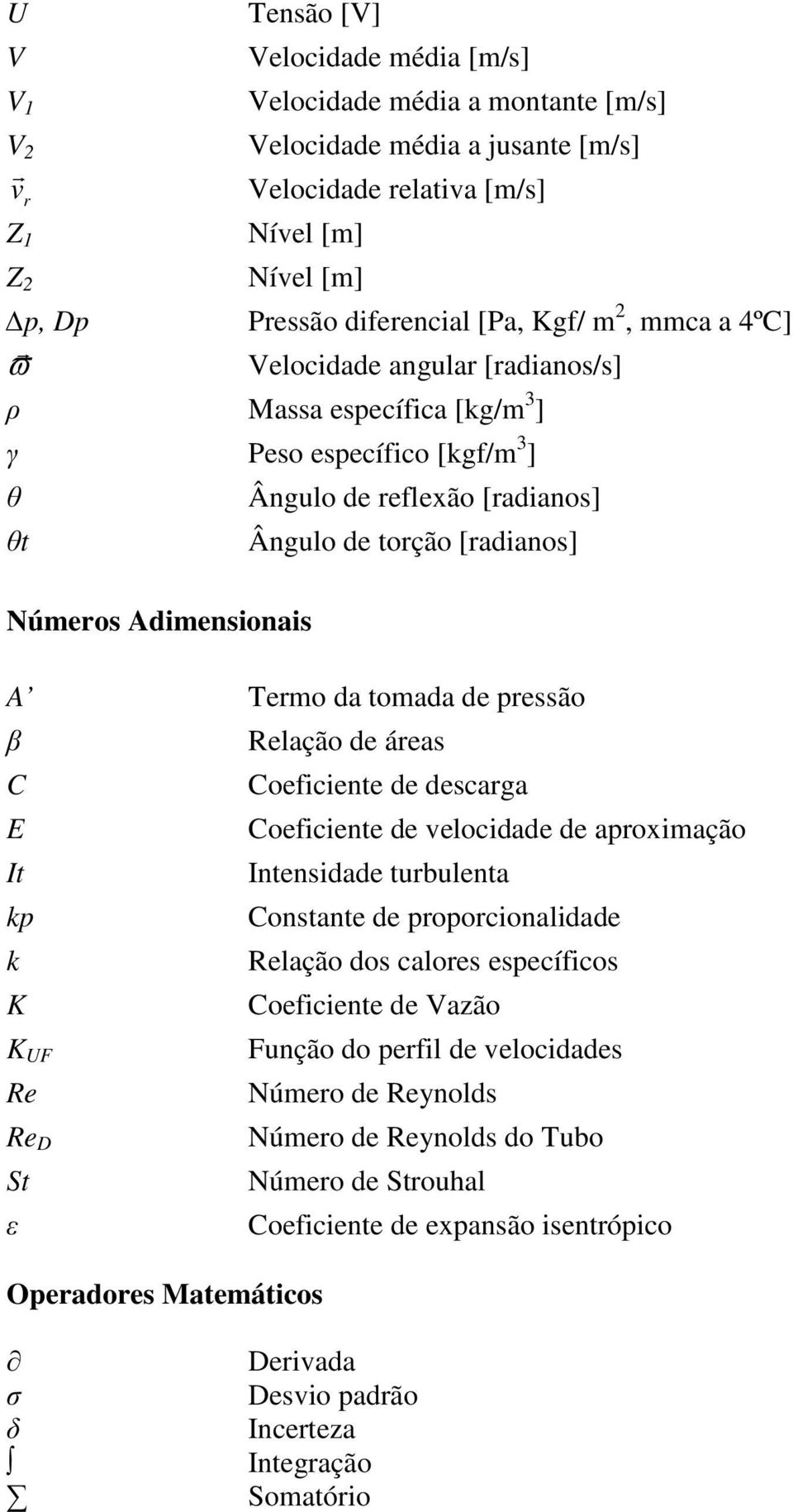 tomada de pressão Relação de áreas oeficiente de descarga E oeficiente de velocidade de aproximação It Intensidade turbulenta kp onstante de proporcionalidade k Relação dos calores específicos K