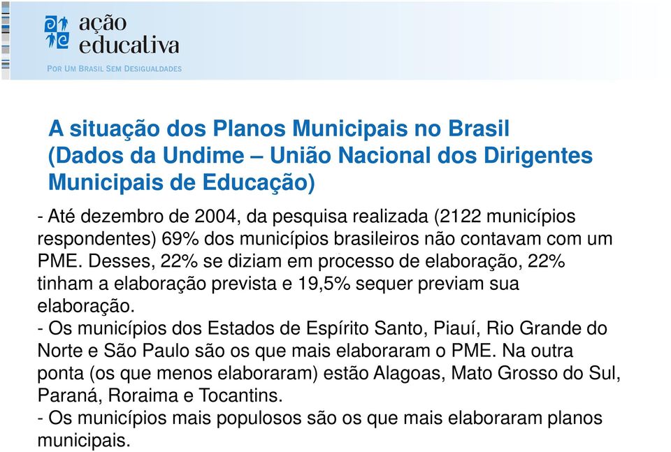 Desses, 22% se diziam em processo de elaboração, 22% tinham a elaboração prevista e 19,5% sequer previam sua elaboração.