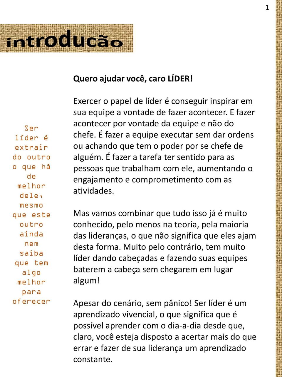 fazer acontecer. E fazer acontecer por vontade da equipe e não do chefe. É fazer a equipe executar sem dar ordens ou achando que tem o poder por se chefe de alguém.