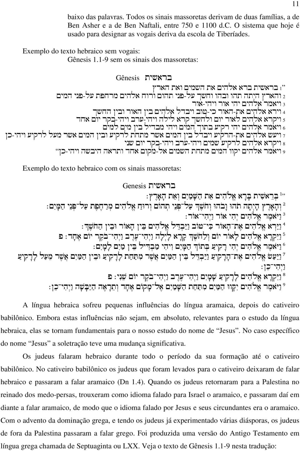 1-9 sem os sinais dos massoretas: 11 בראשית Gênesis Urah taw Mymsh ta Myhla arb tysarb 1 Mymh ynp-le tpxrm Myhla xwrw Mwht ynp-le Ksxw whbw wht htyh Urahw 2 rwa-yhyw rwa yhy Myhla rmayw 3 Ksxh Nybw