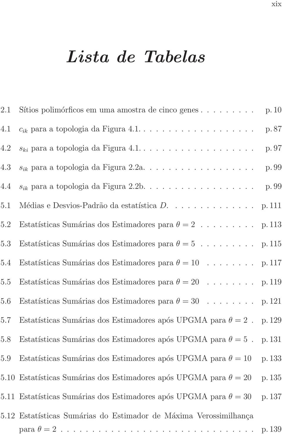 2 Estatísticas Sumárias dos Estimadores para θ = 2......... p. 113 5.3 Estatísticas Sumárias dos Estimadores para θ = 5......... p. 115 5.4 Estatísticas Sumárias dos Estimadores para θ = 10........ p. 117 5.