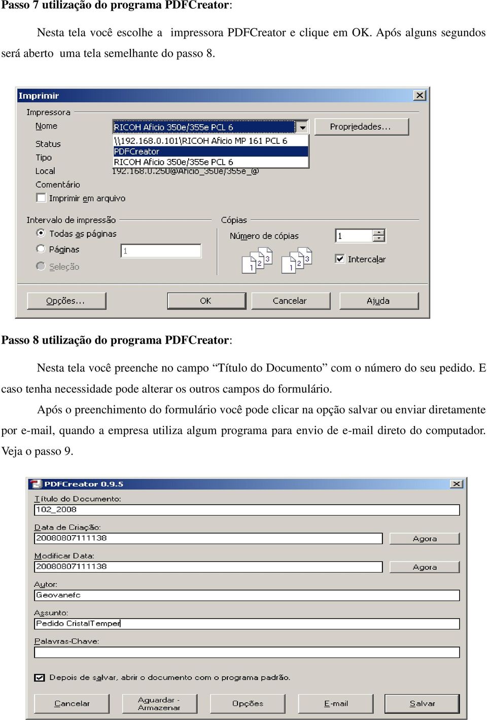 Passo 8 utilização do programa PDFCreator: Nesta tela você preenche no campo Título do Documento com o número do seu pedido.