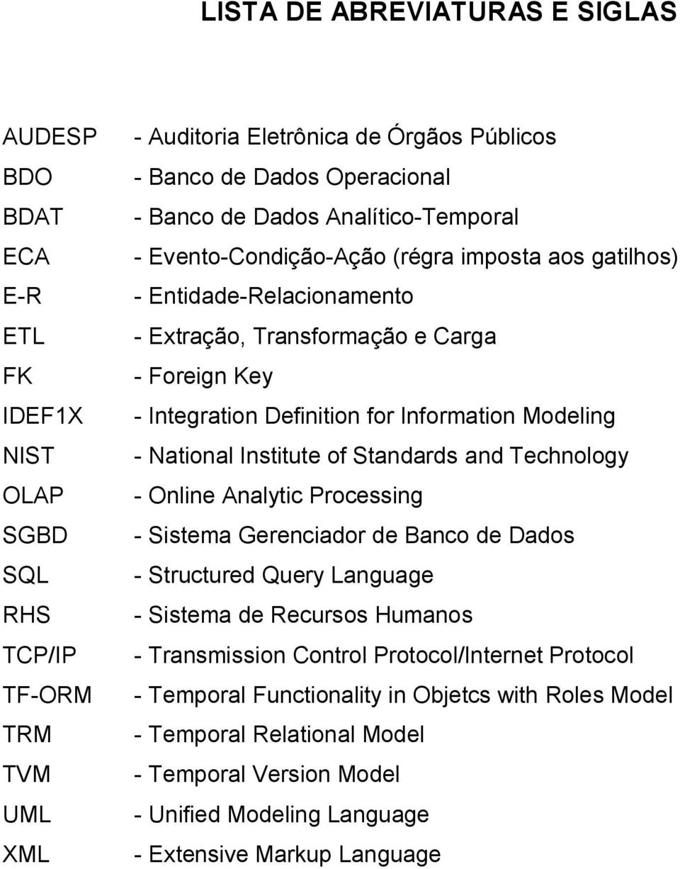 Information Modeling - National Institute of Standards and Technology - Online Analytic Processing - Sistema Gerenciador de Banco de Dados - Structured Query Language - Sistema de Recursos Humanos