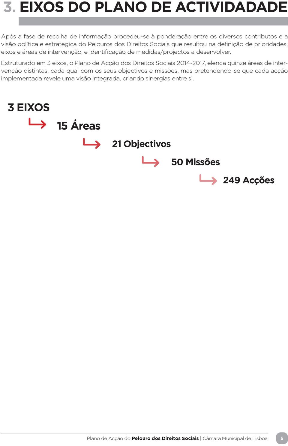 Estruturado em 3 eixos, o Plano de Acção dos Direitos Sociais 2014-2017, elenca quinze áreas de intervenção distintas, cada qual com os seus objectivos e missões, mas