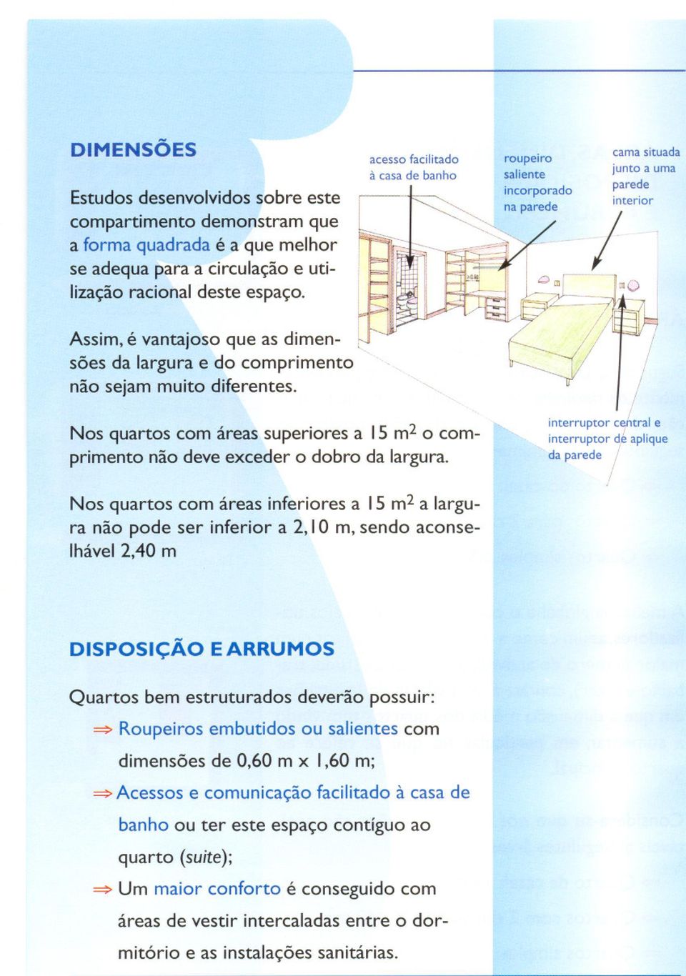 Nos quartos com areas superiores a 15 m2 0 comprimento nao deve exceder 0 dobro da largura.