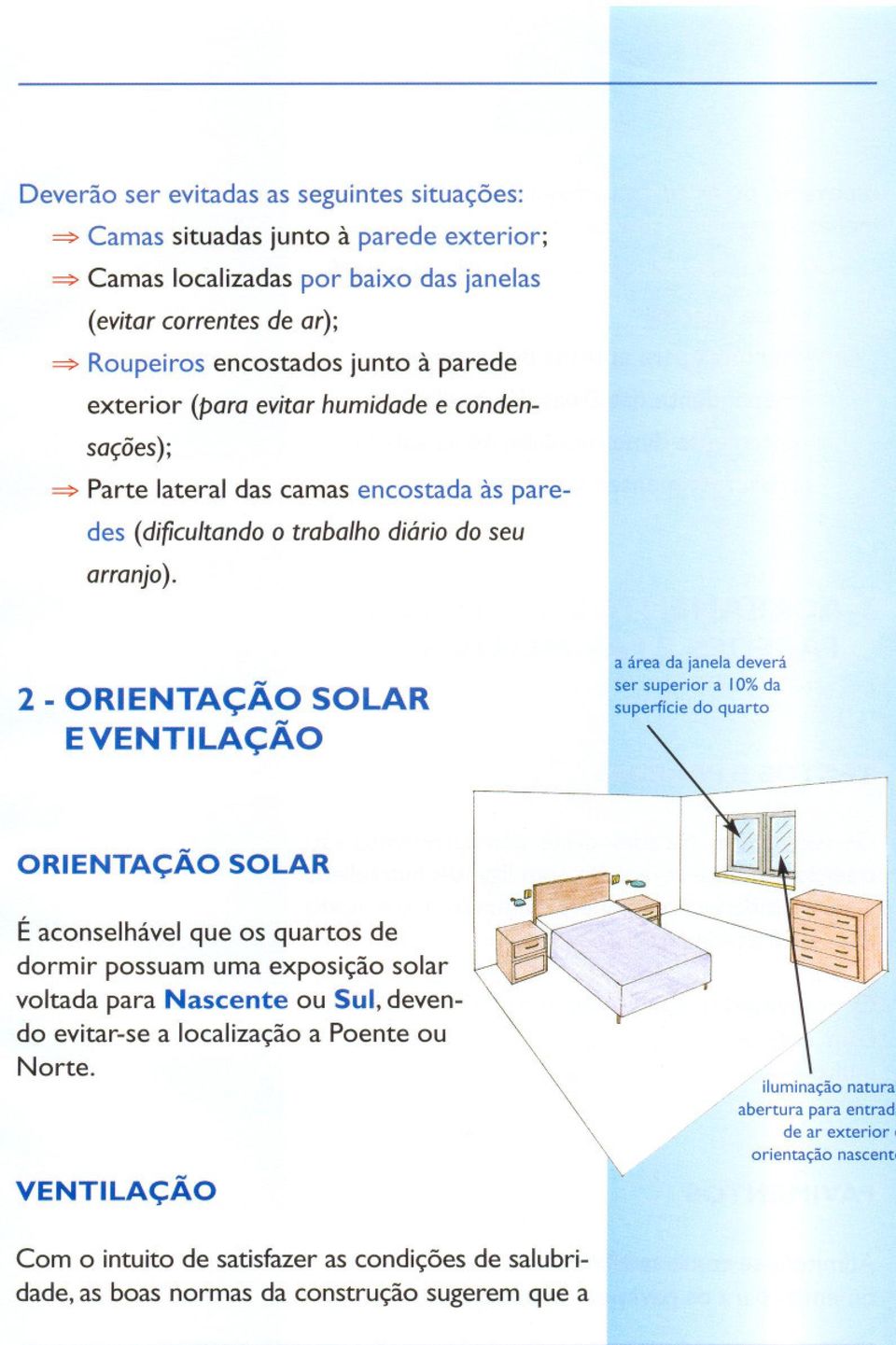 2 -ORIENTAC;AO SOLAR EVENTILAC;AO a area da janela devera ser superior a 10% da superffcie do quarto ORIENTA(:AO SOLAR E aconselhavel que os quartos de dormir possuam uma exposi~ao solar voltada