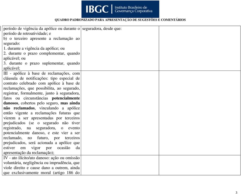 durante o prazo suplementar, quando aplicável; III - apólice à base de reclamações, com cláusula de notificações: tipo especial de contrato celebrado com apólice à base de reclamações, que