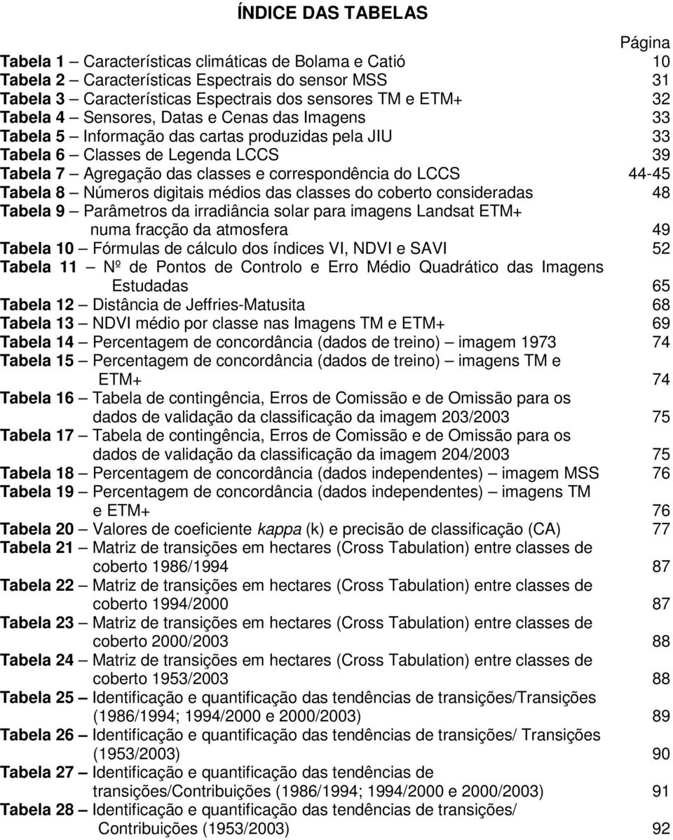 44-45 Tabela 8 Números digitais médios das classes do coberto consideradas 48 Tabela 9 Parâmetros da irradiância solar para imagens Landsat ETM+ numa fracção da atmosfera 49 Tabela 10 Fórmulas de